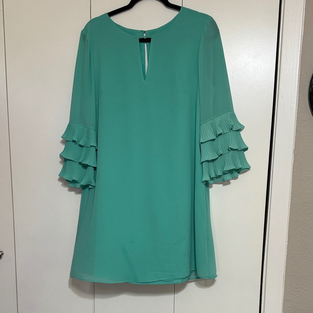 Vince Camuto Teal Mini Dress with Ruffle Sleeves - Picture 2 of 6